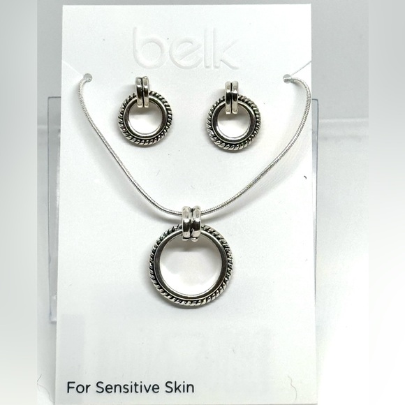 BELK Silver Tone and Black Design Circle Pendant Necklace and Post Earring - Picture 7 of 7